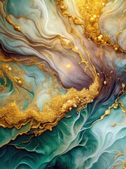 Abstract painting with swirling gold and turquoise patterns.