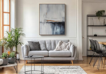 A Scandinavian living room with white walls, parquet flooring, and wooden furniture.