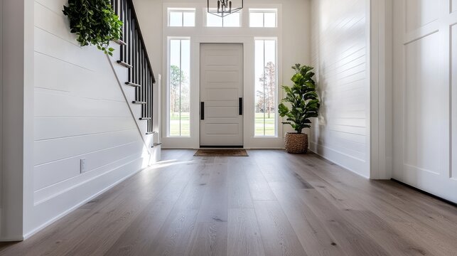 Modern farmhouse foyer with gray LVP flooring, white walls, black staircase, and natural light.