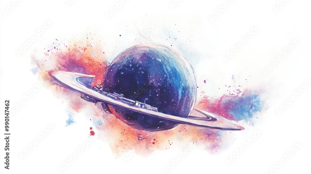 Poster A colorful depiction of a distant planet surrounded by stars and cosmic clouds in a vibrant space setting