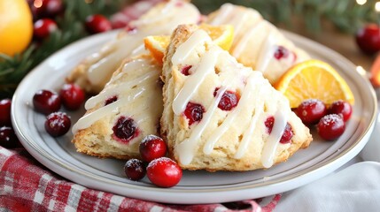 Savor cranberry orange scones drizzled with citrus glaze and garnished with sugared cranberries