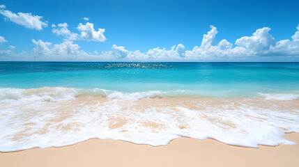 Obraz premium A serene beach scene with clear blue waters and gentle waves under a bright sky.