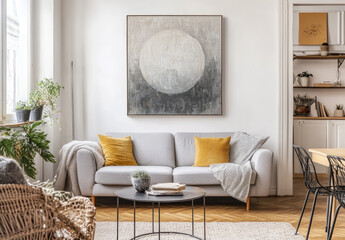 A Scandinavian living room with white walls, parquet flooring, and wooden furniture.