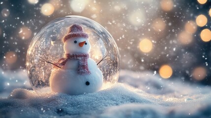 Obraz premium A snowman stands inside a glass Christmas globe as a snowstorm rages. Warm, exquisite bokeh lights shimmer in the background, creating a magical contrast to the icy scene.