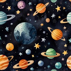 Fototapeta premium Watercolor seamless pattern with images of stars, planets and spacecraft. World Space Week.