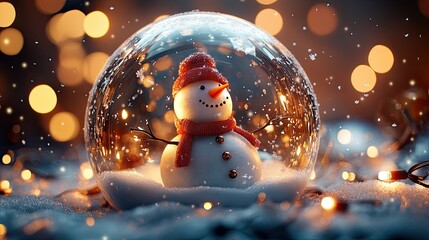 Obraz premium A snowstorm rages inside a glass globe, with a snowman standing at the center. The background sparkles with glowing bokeh lights, creating a warm holiday atmosphere.