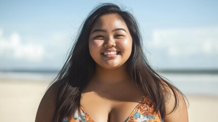 Southeast Asian Young Woman Smiling at the Beach on a Sunny Day Perfect for Vacation Themes and Diverse Representation in Marketing
