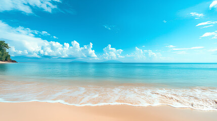 Obraz premium A serene beach scene with clear blue water and fluffy clouds under a bright sky.