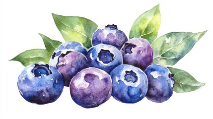 A vibrant cluster of blueberries surrounded by green leaves on a white background, showcasing their fresh and juicy appearance