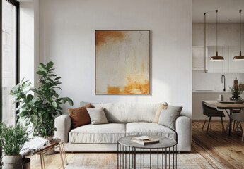 A Scandinavian living room with white walls, parquet flooring, and wooden furniture.