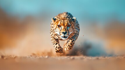 Cheetah Running in Wild Landscape with Blue Background