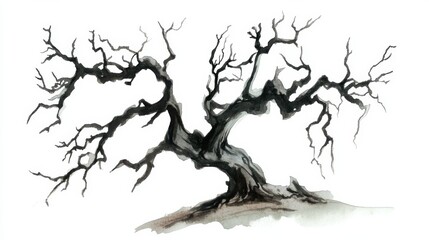 Obraz premium A twisted tree stands alone in a barren landscape during a cloudy afternoon, showcasing intricate branches and rugged bark