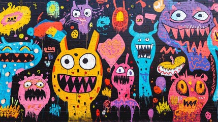 Street graffiti wall featuring playful urban monsters, large colorful figures with exaggerated shapes and faces