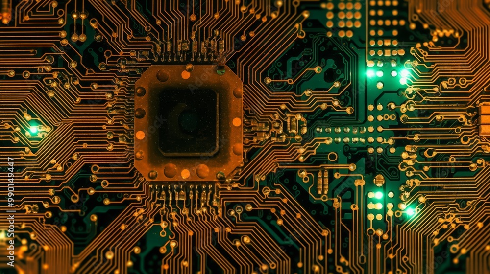 Poster a close up of a computer chip with a green light on it