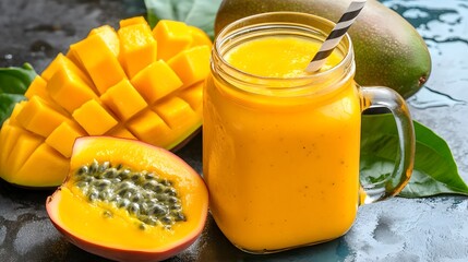 A mason jar filled with a creamy mango smoothie, next to a sliced mango, passion fruit, and green leaves.