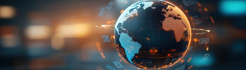 Obraz premium A globe encircled by legal documents and trade stamps, representing global trade barriers and regulatory frameworks, Trade barrier, Regulation of international trade