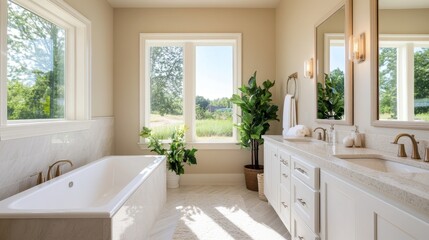 Fototapeta premium Relax and unwind in this spacious bathroom with a large soaking tub, double vanity, and natural light streaming through windows. Enjoy a peaceful retreat with elegant fixtures and a serene atmosphere.