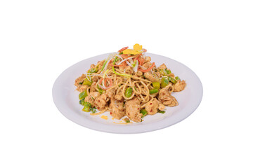 A plate of stir-fried spaghetti with chicken, vegetables, and a savory sauce, topped with a sunny-side-up egg.