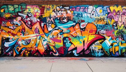 Obraz premium A graffiti-covered urban wall, showcasing vibrant colors, bold lines, and an edgy, artistic vibe
