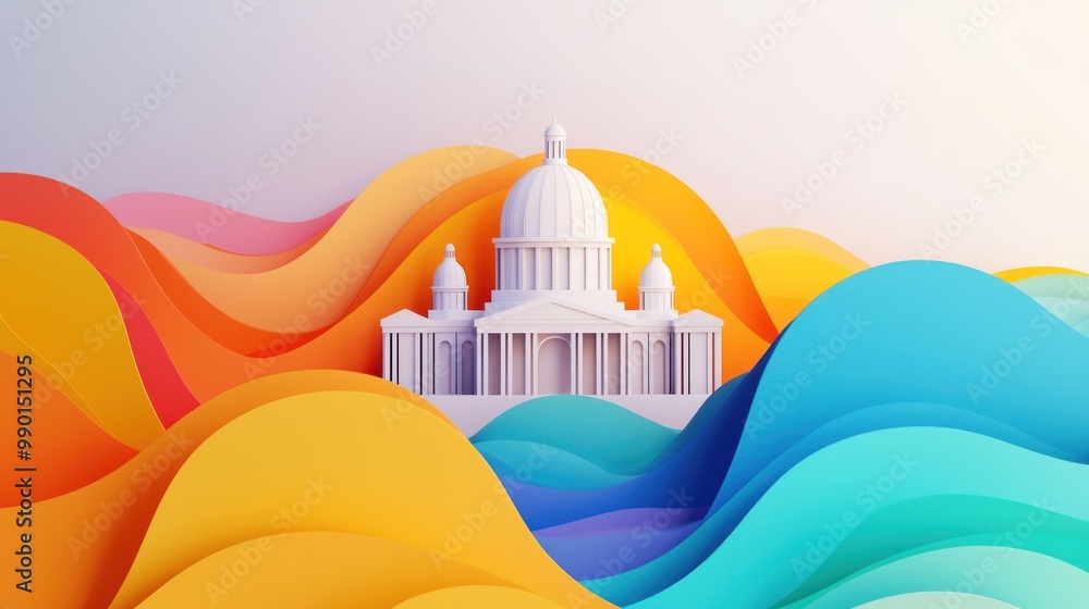 Poster reimagined architecture with vibrant wave patterns