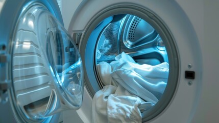 Clothes drying in a modern washing machine during the day in a bright laundry room