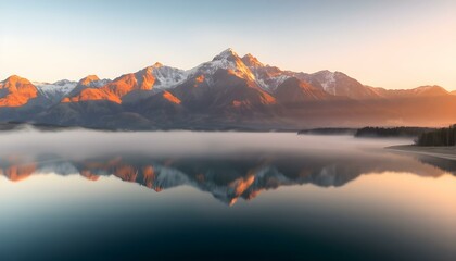 Obraz premium Majestic Sunrise over Serene Mountain Reflections
