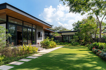 the front yard and garden area, featuring lush green grass with various plants and trees, showcasing a modern bungalow-style home with sleek architecture and stylish exterior decor.