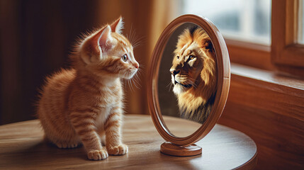 Confident Cat Looking in the Mirror Seeing a Lion. Motivational kitty feeling strong and believing in personal growth