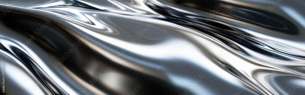 Poster shimmering metallic surface reflecting light with smooth flowing patterns in a contemporary setting