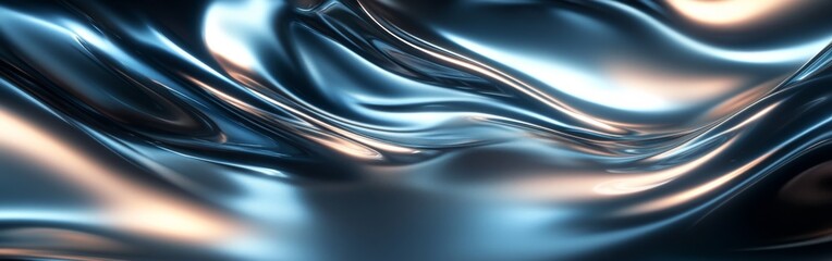 Flowing metallic waves reflecting light in an abstract composition showcasing a dynamic texture and depth in a vibrant blue hue