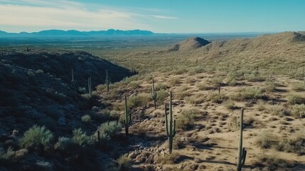 Fototapeta premium Expansive desert landscape with towering cacti and distant mountains under clear blue sky at midday