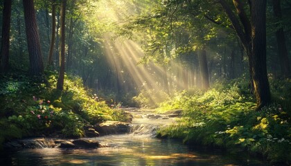 Fototapeta premium Tranquil Forest Stream with Moss-Covered Rocks and Sunlight Filtering Through the Lush Greenery