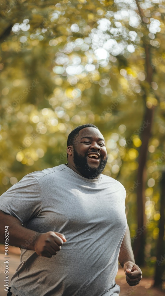 Poster a man is running in a park and smiling