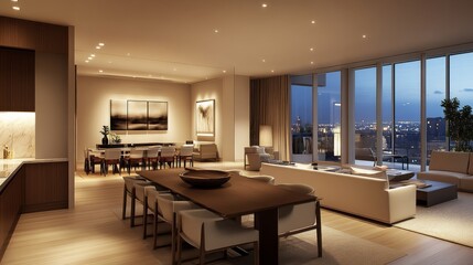 Fototapeta premium Elegant modern living room and dining area with panoramic city views during twilight hours
