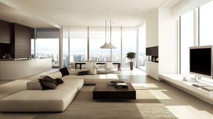 Naklejka premium Modern minimalist living room featuring panoramic city views, sleek furniture, and bright natural light in a contemporary urban apartment