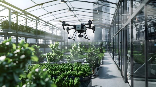 Futuristic Urban Farm Utilizing Drone Technology for Crop Monitoring and Distribution - Powered by Adobe