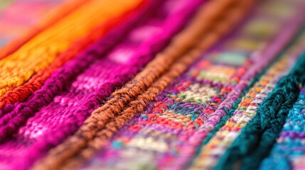 Fototapeta premium Colorful threads woven together showcase intricate patterns on textiles displayed in soft light at a craft market