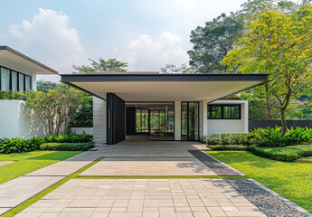 Fototapeta premium A wide-angle shot of the entrance area with an open carport in front, white walls, and a modern architecture house with glass windows and green trees behind it