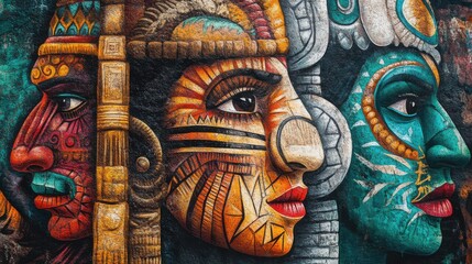 Obraz premium Three vibrant faces in a colorful mural showcasing cultural heritage and artistry in an urban setting