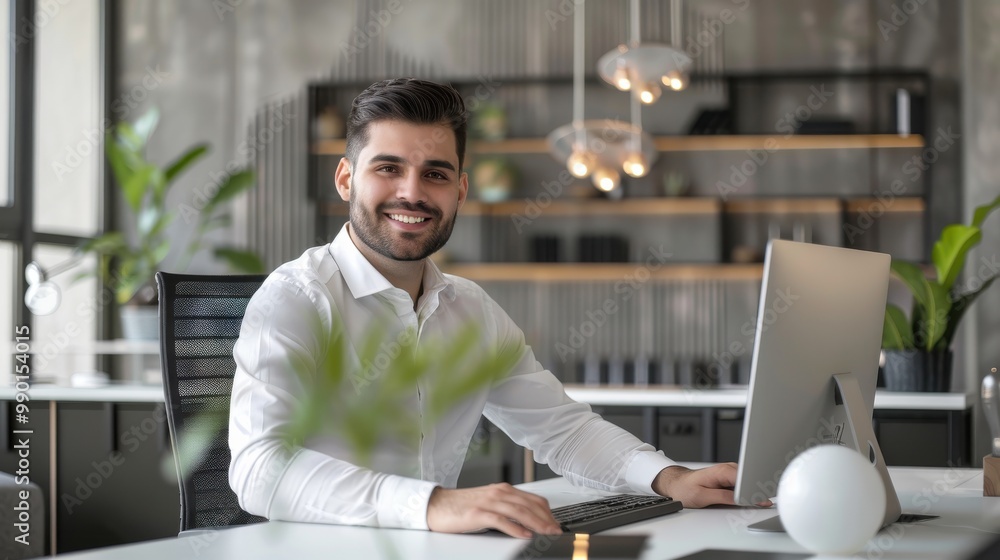 Aufkleber A man is sitting at a desk with a computer and smiling