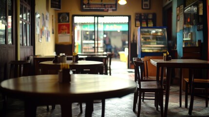 Obraz premium Quiet cafe interior with wooden tables and a view of the kitchen area during the afternoon lull