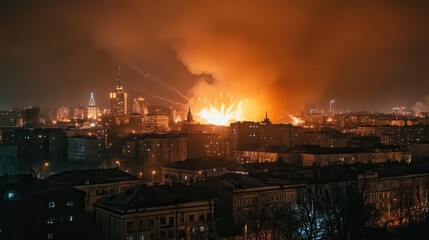 Fototapeta premium Dramatic explosion lights up city skyline at night amidst urban chaos and destruction from recent conflict