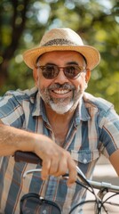 Fototapeta premium A man wearing a straw hat and sunglasses is smiling and posing for a picture