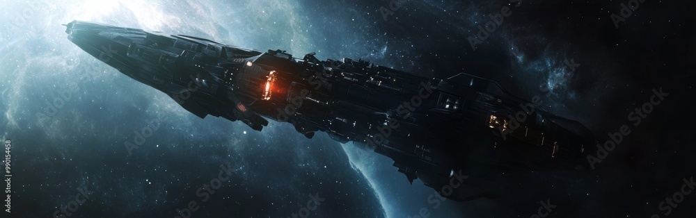 Poster a massive spaceship gliding silently through deep space near a distant, glowing planet in a breathta