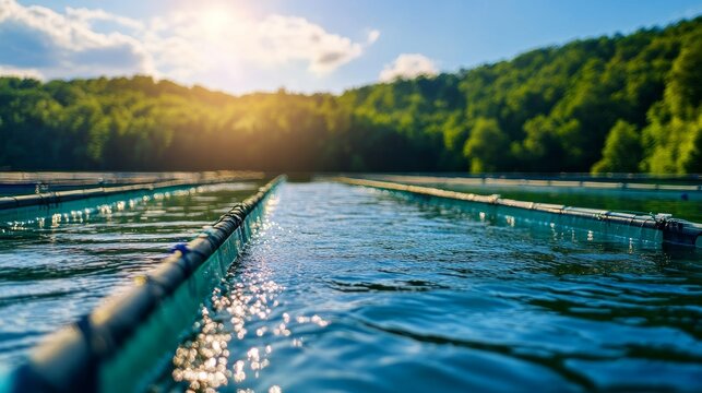 Sustainable Aquaculture Farm with Recirculating Water System: A close-up view of a modern fish farm, showcasing the innovative use of a recirculating water system for efficient and eco-friendly fish f