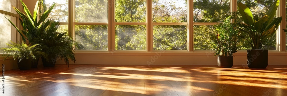 Poster sunlight streams through large windows in a room, casting warm shadows on the wooden floor. lush pla