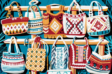 Assortment of Colorful Bohemian Handbags on Display