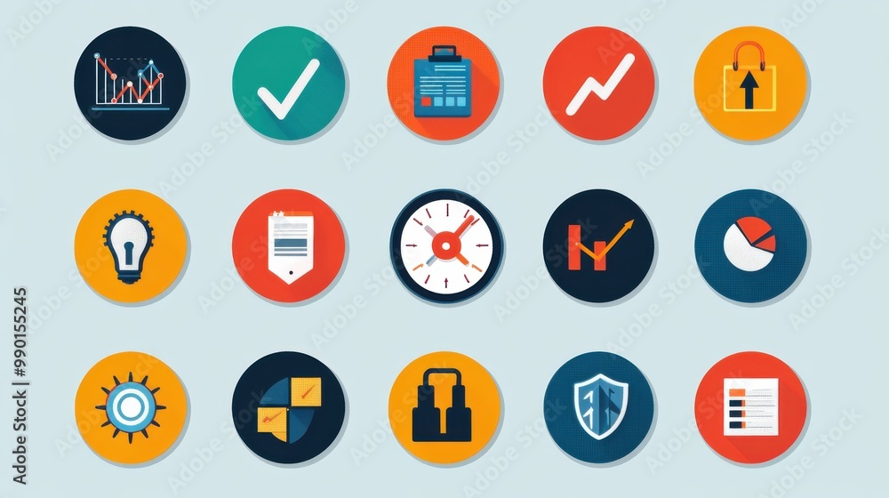 Fototapete colorful collection of flat design icons representing various business and analytics concepts on a l