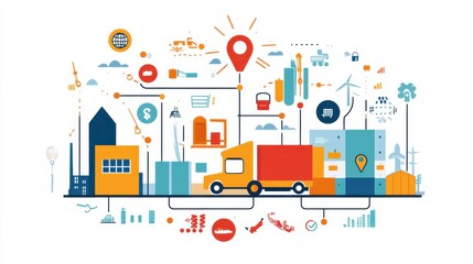 Fototapeta premium Infographic illustrating logistics and supply chain management with delivery truck, buildings, and icons of global trade and transportation