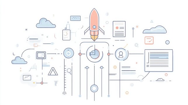 Digital illustration depicting a rocket launching amidst various technology and data elements in a modern workspace setting